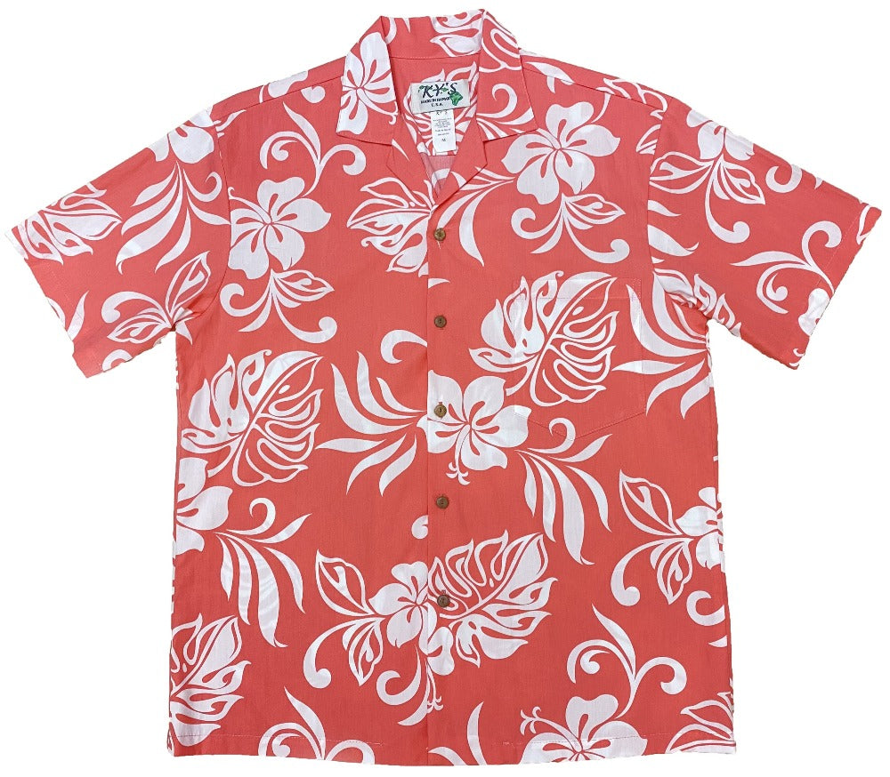KY'S International Fashion White Hibiscus Panel Red Hawaiian Shirt Medium